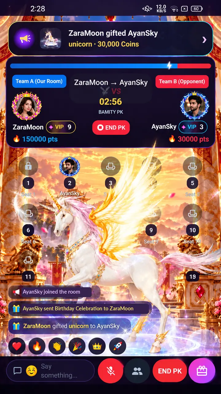 Unicorn gift during PK screenshot of the BAMITY Android app