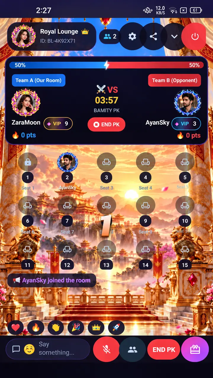 BAMITY Voice PK battle screen with team scores and timer